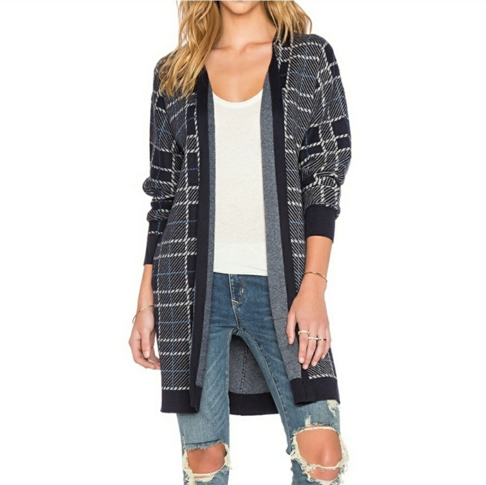 Three Dots Navy Plaid Cashmere Blend Open Front Long Sweater Cardigan